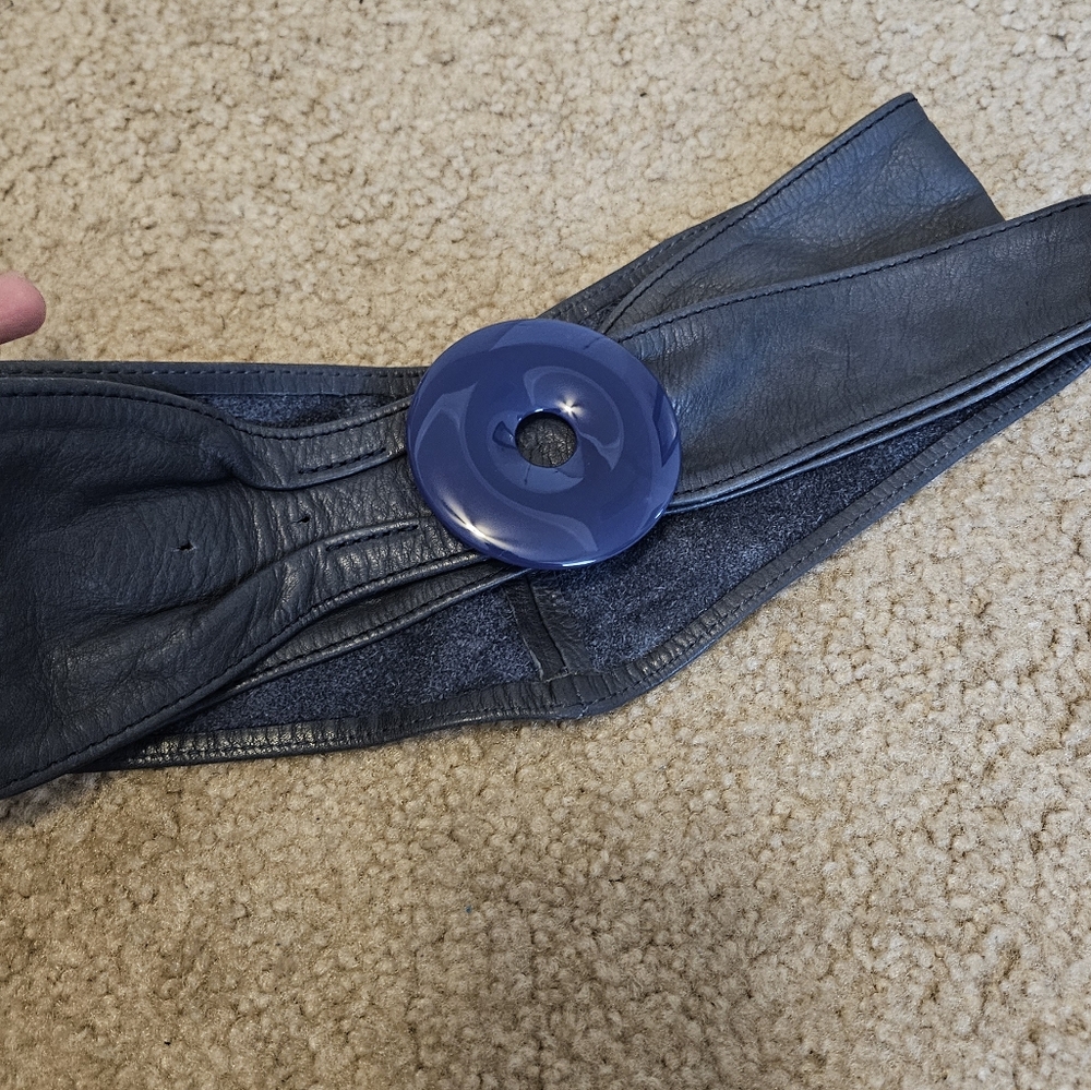 Wide navy leather belt size XS-M - Picture 2 of 6